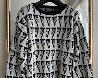 Vintage 1980’s Long Sleeve Sweater in Black and White Abstract Print - Size Small