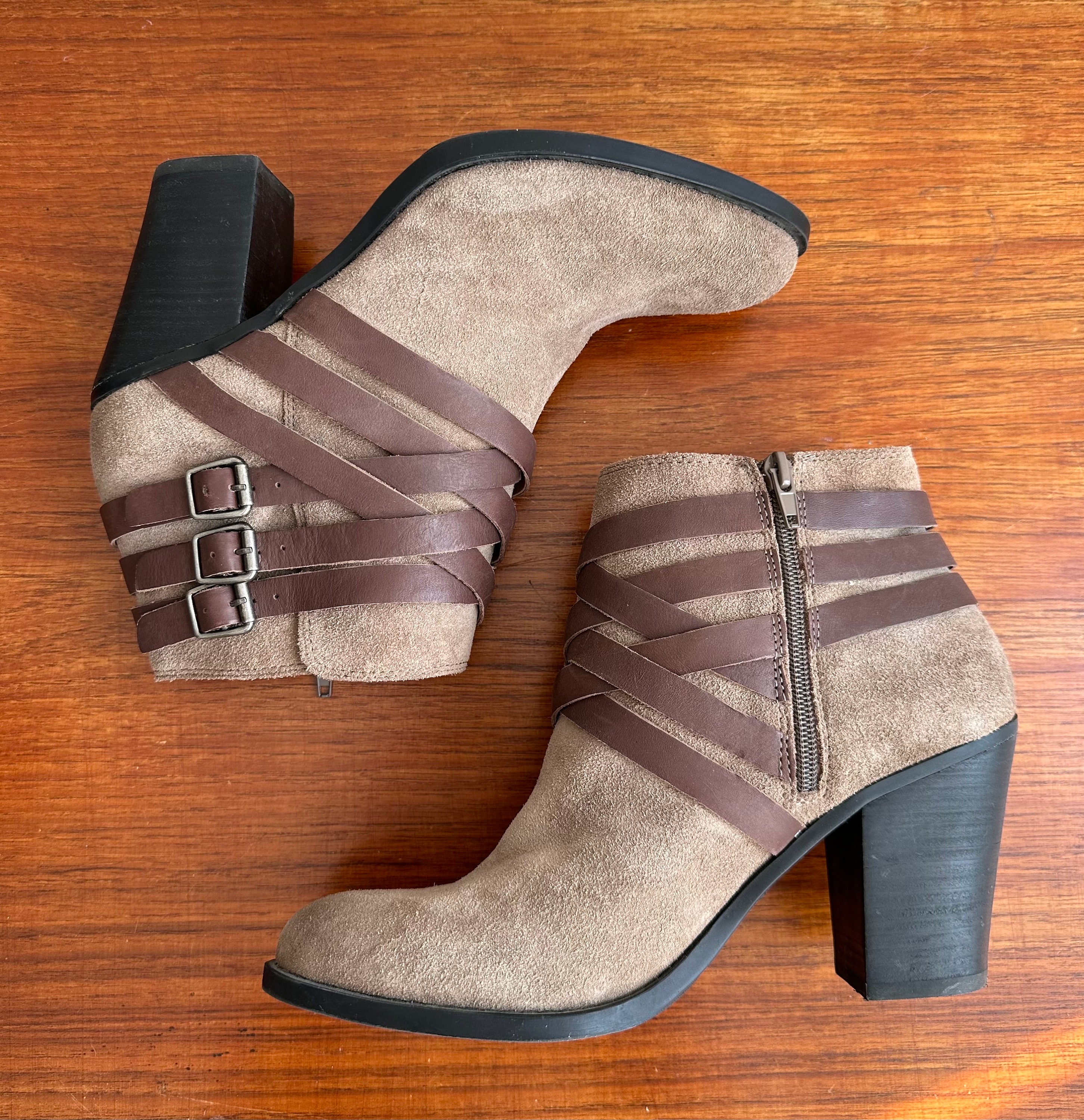 Lucky Brand Suede Desert Heeled Ankle Boots in Brown Taupe Leather Harness Buckle Straps Round Toe Stacked Heel Size 40 Size 10 Etsy