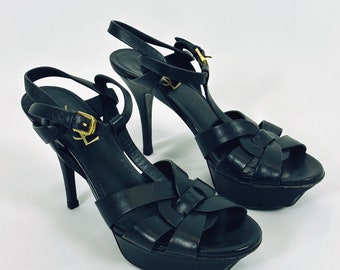 Vintage Saint Laurent Tribute 105 Leather Platform Sandal Pumps in Black • Almond Toe • Gold Hardware • Made in Italy • Size 37.5 • Paris