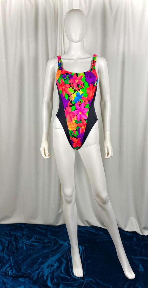 Vintage 80s Neon Floral One Piece Swimsuit • High Cut, Scoop Back