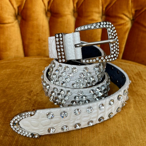 Vintage Western Patent Croc Crystal Embellished Leather Belt with Rhinestone Belt Buckle • White • Silver • Sparkly • Size Small Medium •