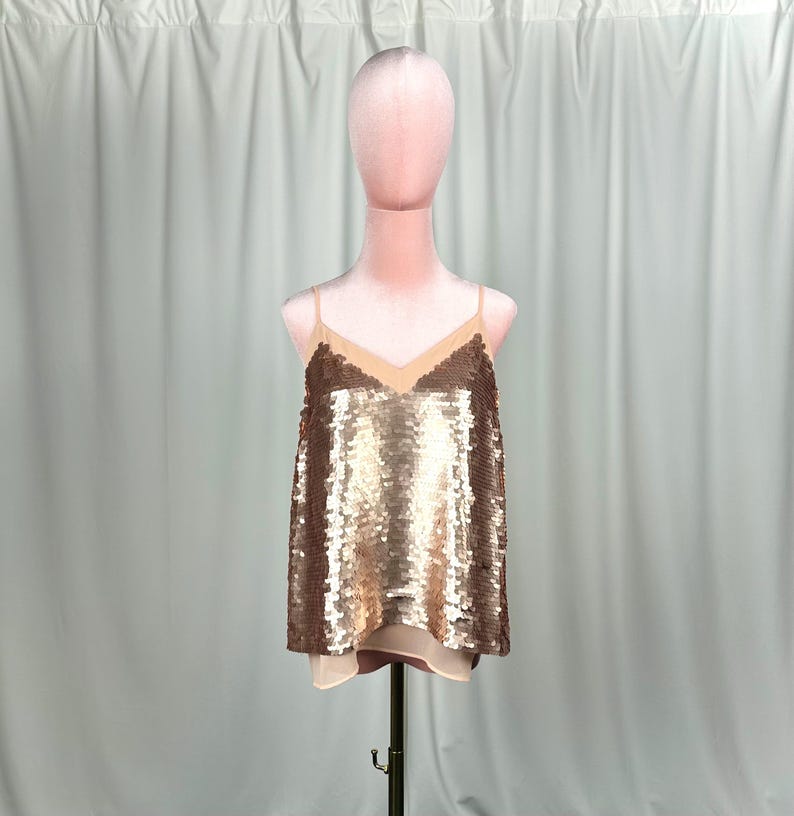 Moulinette Soeurs Paljettopp Guld Champagne Anthropologie Festlinne Storlek 6 Disco Glam Layered Paljettopp Kvällshelg bild 1