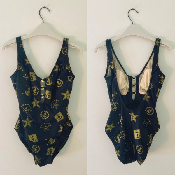 Vintage La Blanca Black and Gold Nautical One Piece Swimsuit - Size Small - Made in USA - Gold Anchors and Star Print and Hardware