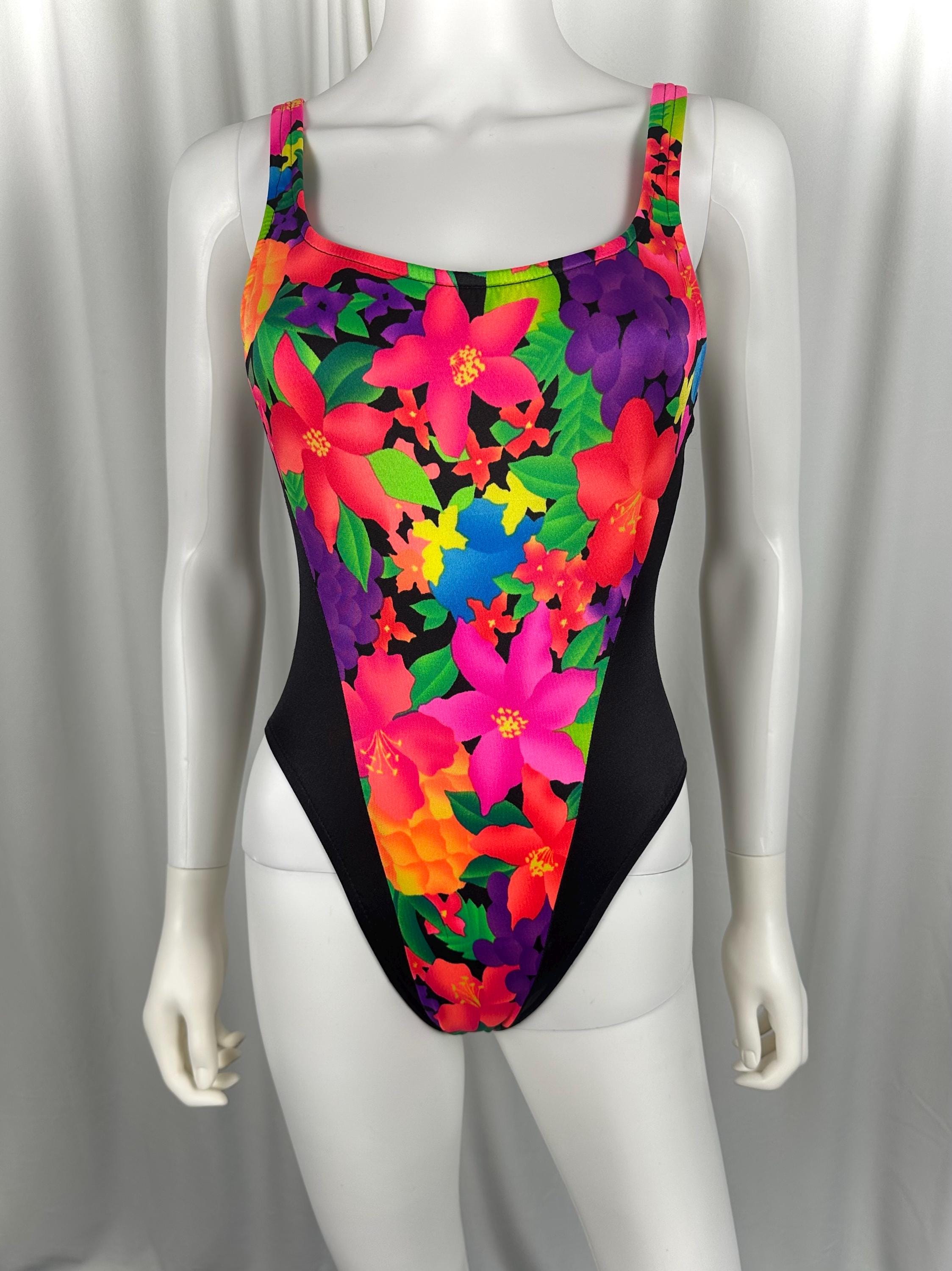 Vintage 80s Neon Floral One Piece Swimsuit • High Cut, Scoop Back