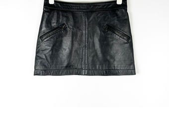 Vintage Zara Leather Micro Mini Skirt in Black • Biker • Silver Hardware • High Rise • Lined • Zipper • Cropped • Made in Morocco • XS/S