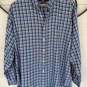 Vintage 1990’s ‘Ralph Lauren’ Soft Cotton Long Sleeved Collared Button Down Plaid Shirt in Blue & Green Check • ‘Blake’ Dress Shirt •  Large