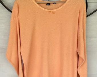 Vintage Original Gap Waffle Long Sleeve Shirt with Ribbon Bow in Tangerine Orange • Scoop Neck • 100 Percent Cotton • Large • Made in USA