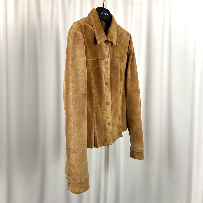 Vintage 90s Danier Tan Suede Leather Jacket • Minimalist • Womens • Button Front • Camel Brown image 9
