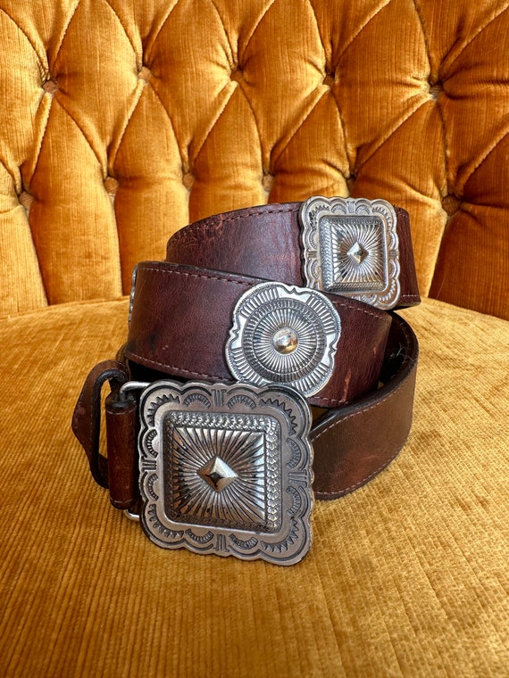 Vintage 1992 Brighton Brown Leather Belt with Silv