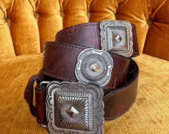 BRIGHTON 32 silver buckle wide leather belt brown medallions asiago concho