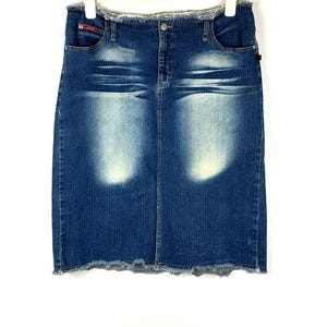 Vintage 1990’s 2000’s ‘Jalate Jeans Wear’ Denim Pencil Skirt in Dark Indigo Wash • Bleach Dye Fade • Frayed Hem • Front Slit • Zip Fly • L