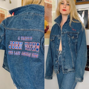 Vintage Custom Made • John Wayne Tribute Denim Jean Jacket • 1990 • Red and Blue Embroidery • Chest & Waist Pockets • Cotton • Size Medium