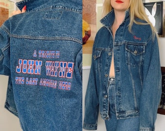 Vintage John Wayne Denim Jacket • 1990s Embroidered Tribute, Size Medium