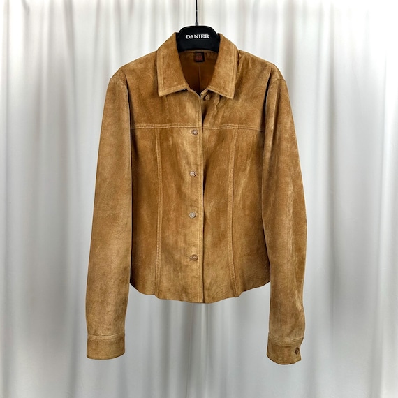 Vintage 90s Danier Tan Suede Leather Jacket  • Minimalist • Womens •  Button Front  • Camel Brown