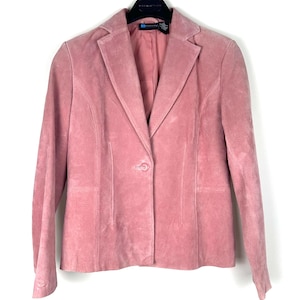 Blazer court en daim vintage des années 2000 en rose poudré doux • Un bouton • Avec col • Doublé • Veste en cuir • Bomber • Rose layette mauve • TP/S