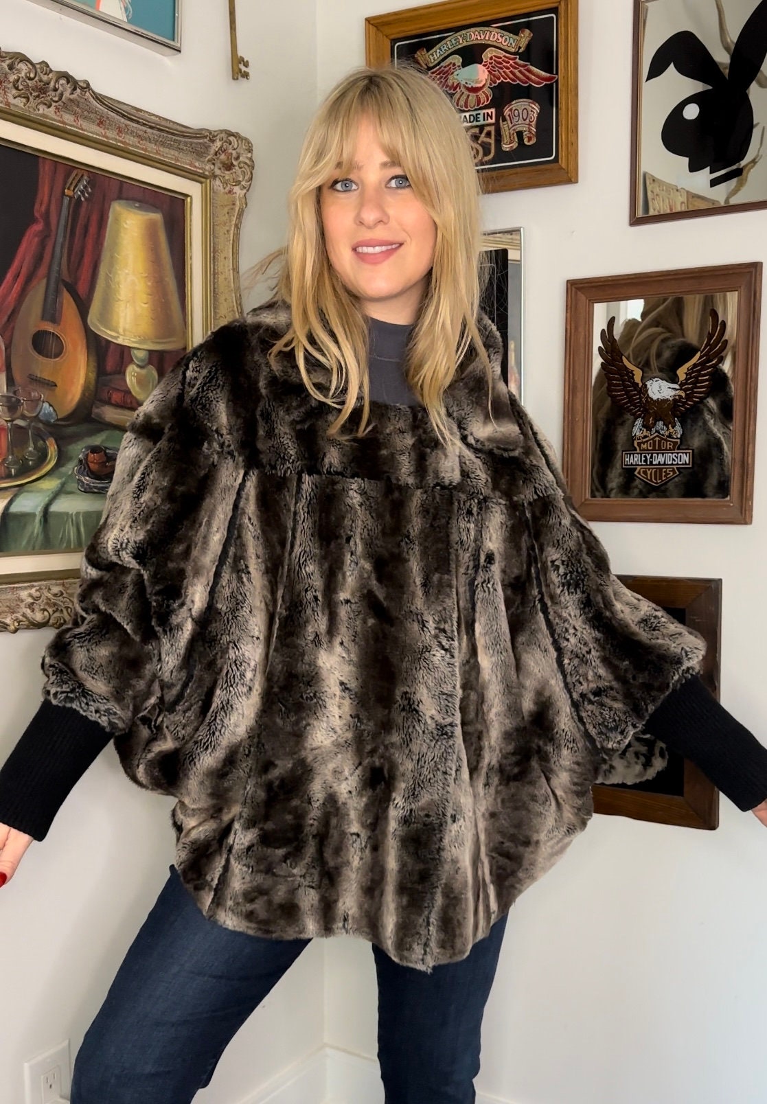 Vintage Parkhurst Faux Fur Chinchilla Poncho Coat • Black