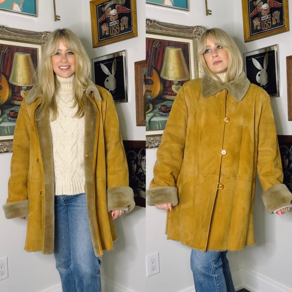 Vintage Arte Pelle Shearling Car Coat in Camel Brown Button Down
