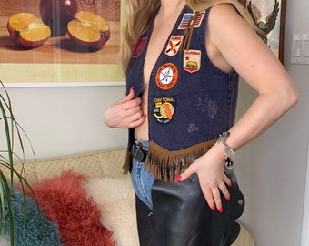 Vintage Blue Denim & Fringe Biker Vest • Daytona Bike Week