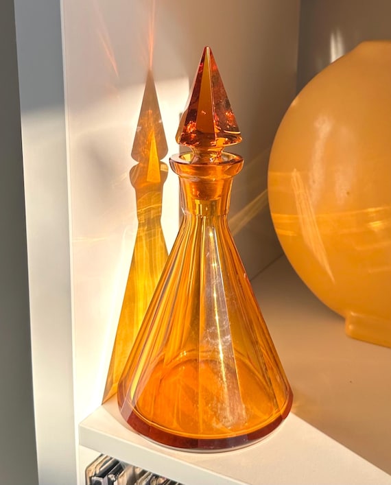 Vintage Art Deco Amber Glass Decanter • Prism Style, 1930s Bar Decor