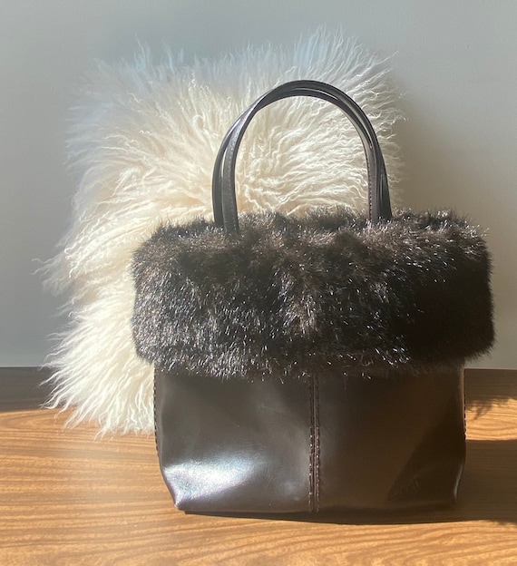 Vintage Esprit Top Handle Dark Brown Faux Fur Handbag in PVC 2000s