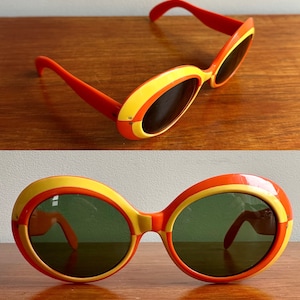 Vintage 1960’s Italian Space Age Resin Oval Sunglasses • Orange and Yellow Colorblocking • Round Green Lenses • Made in Italy • Mid Century