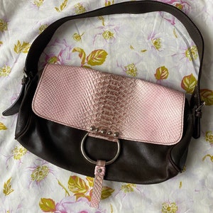 Western Y2K Leather Shoulder Bag in Brown Leather and Pink Faux Snakeskin - Studded - Silver Hardware - Side Buckle Detail - Made in Italy