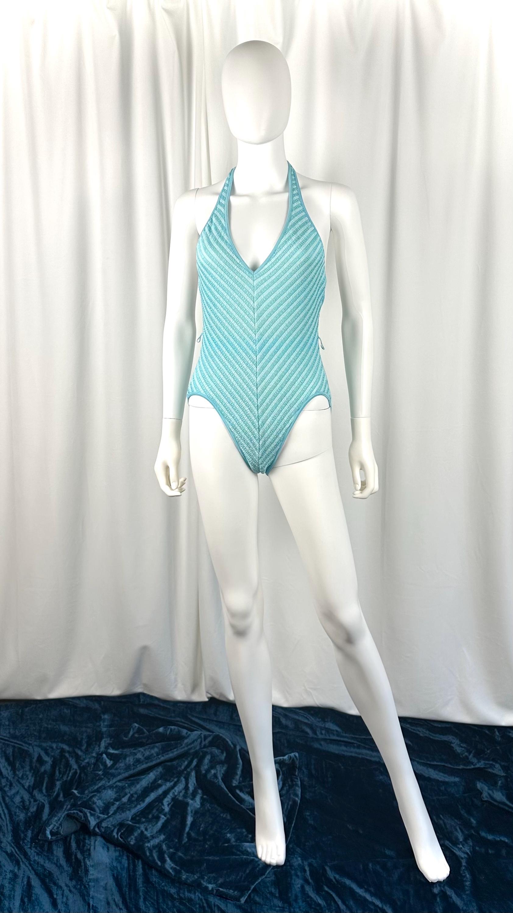 Vintage 1970’s 1980’s Bobbie Brooks Baby Blue Striped One Piece Bathing Suit • Halter • Full Brief • Low Open Back • Union Made in USA • S