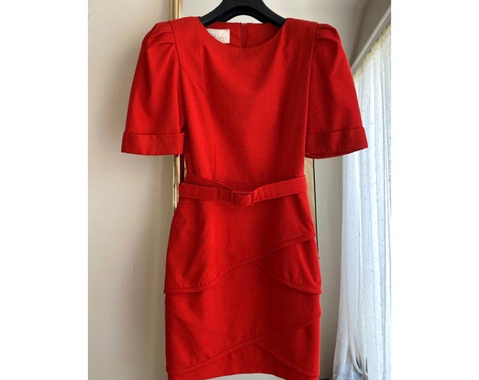 Vintage 1980s Candy Apple Red Dress With Puffy Shoulder Short Sleeve