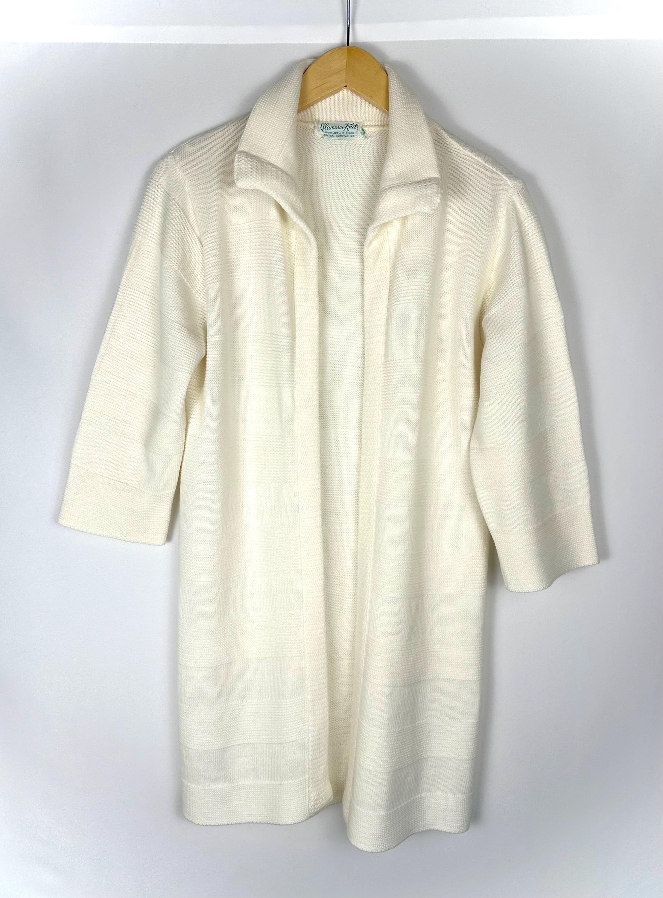 Vintage 1960’s ‘Glamour Knits’ Acrylic Sweater Coat Long Sleeved Cardigan in Soft White • Collared • Striped • Ribbed • Mid Century • S/M