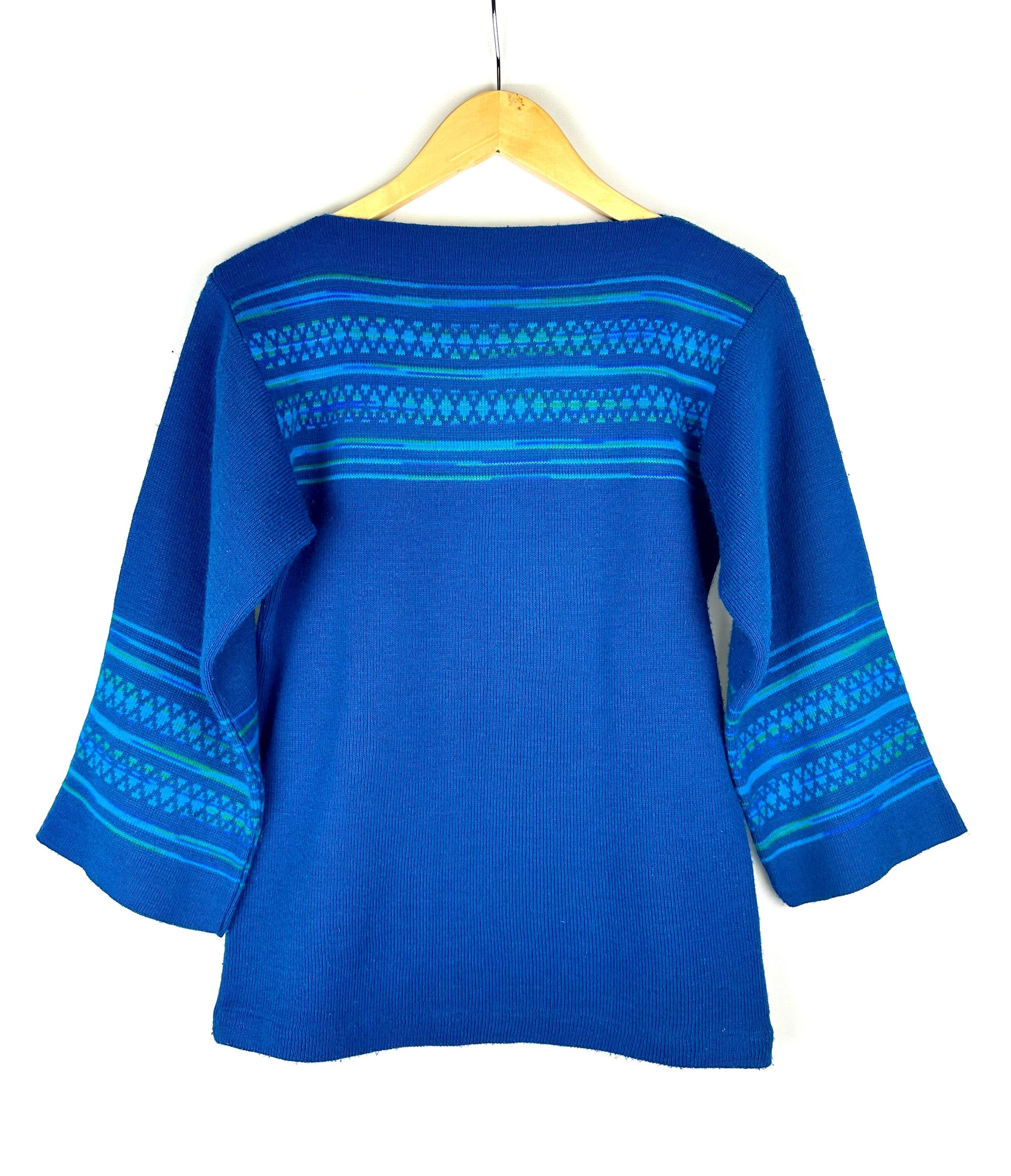 Vintage 1960’s Square Boat Neck Tunic Sweater Top in Deep Ocean Blue • Striped Print Details • 3/4 Length Bell Sleeve • Mid Century • S/M