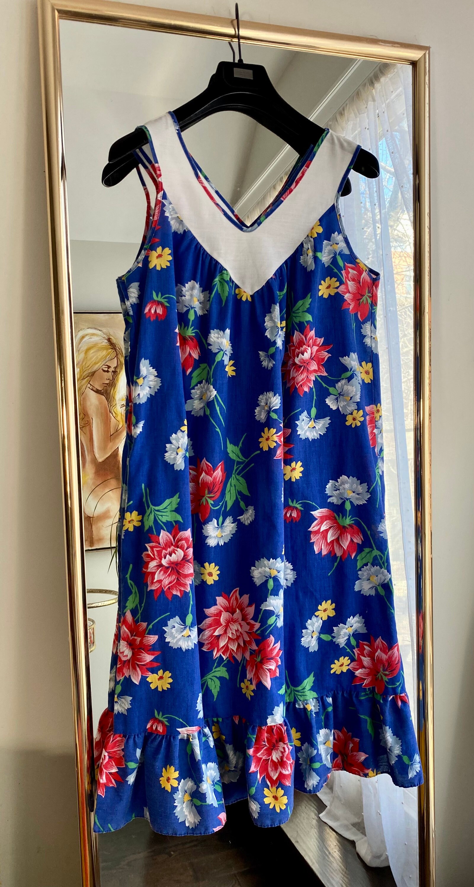 Vintage 60s Blue Floral CHARLES & CO. Chinese Style House Dress Coat - L