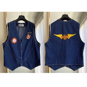 Vintage Mens Blue Denim Biker Vest • Fort Walton Beach Florida • Sand Dollar Motorcycle Club • Honda Gold Wing Patch • Made in USA • Large