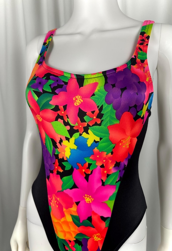 Vintage 80s Neon Floral One Piece Swimsuit • High Cut, Scoop Back