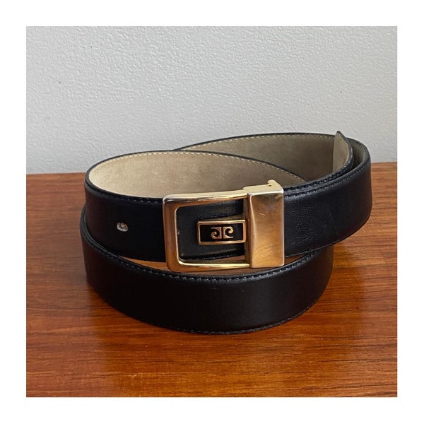 Vintage Pierre Cardin Belt – 1980s Gold Logo Buckle Grey Leather Designer