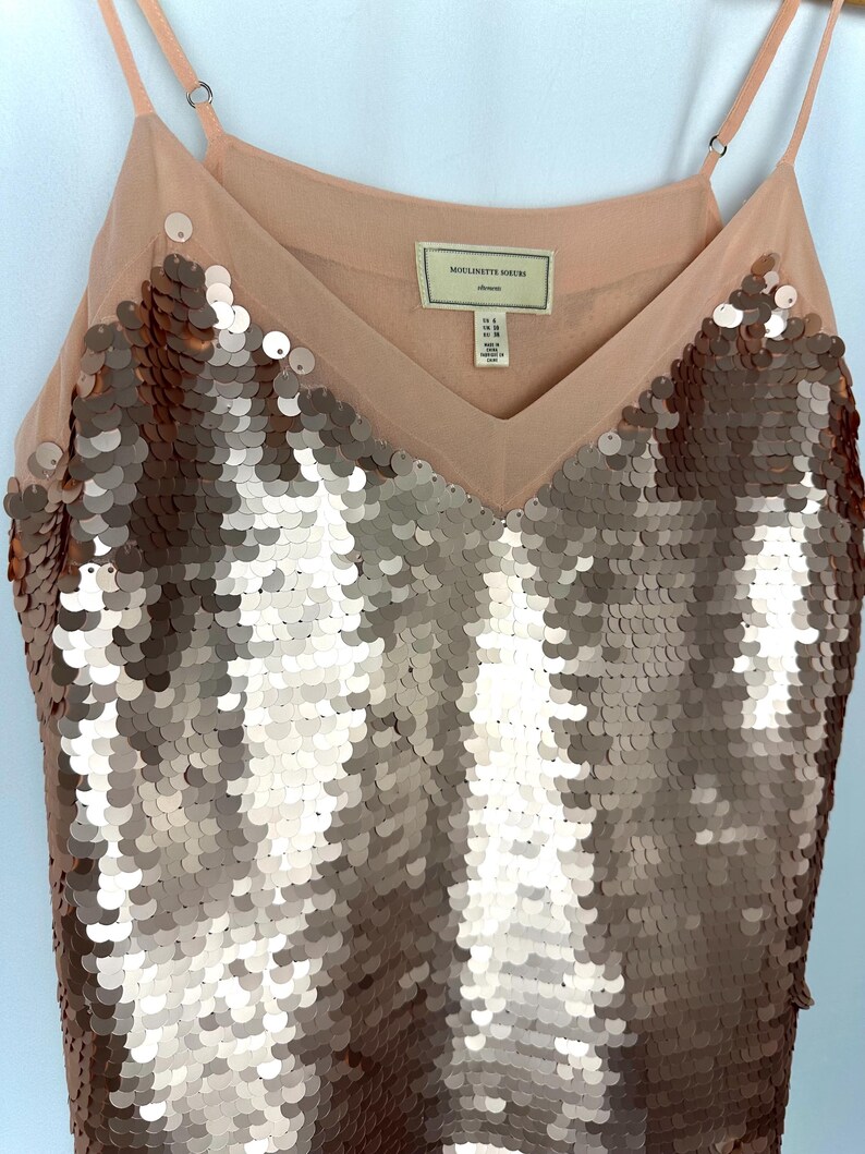 Moulinette Soeurs Paljettopp Guld Champagne Anthropologie Festlinne Storlek 6 Disco Glam Layered Paljettopp Kvällshelg bild 14