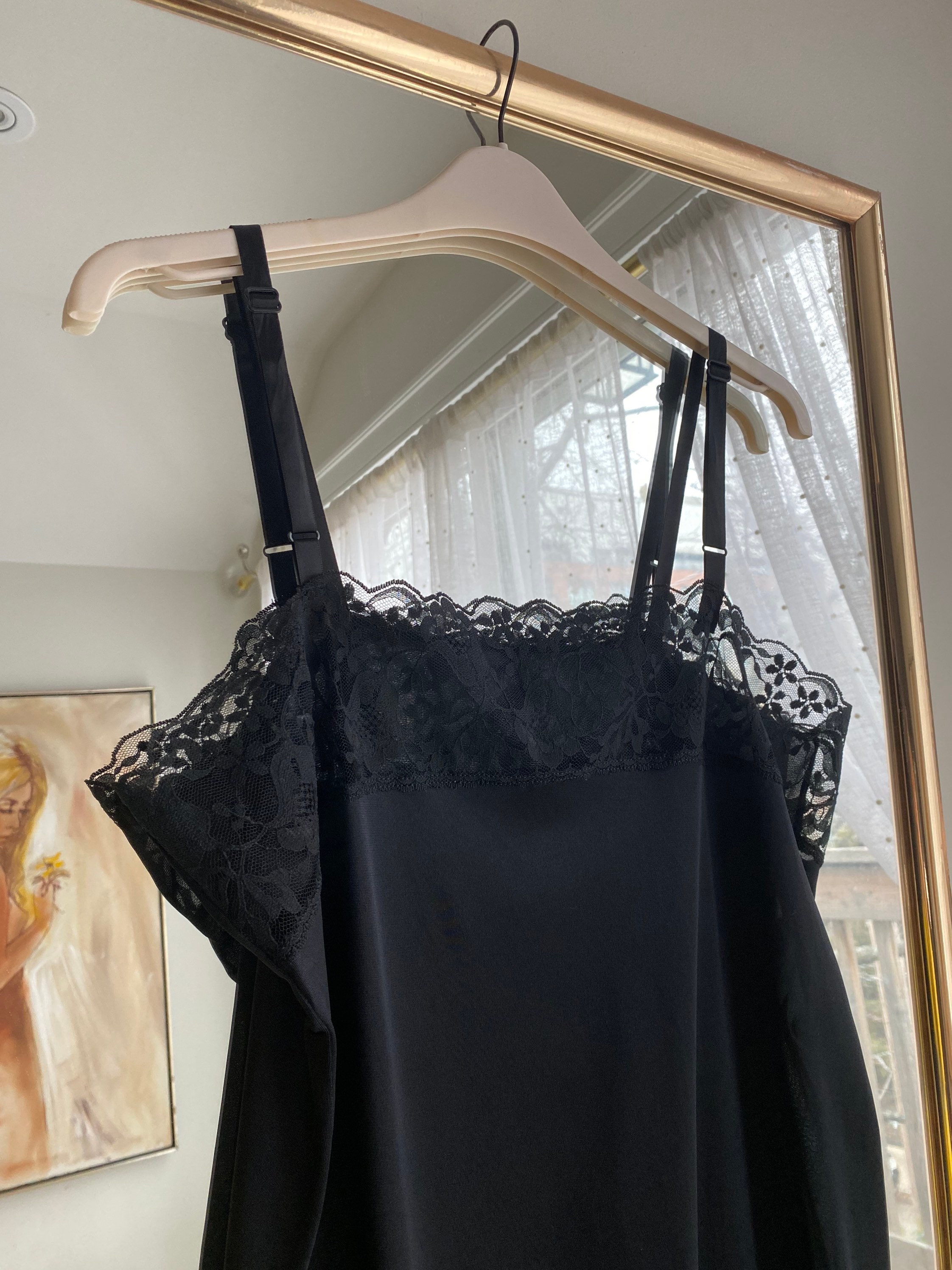 Vintage Satin Slip Dress in Black With Floral Lace Trim Etsy