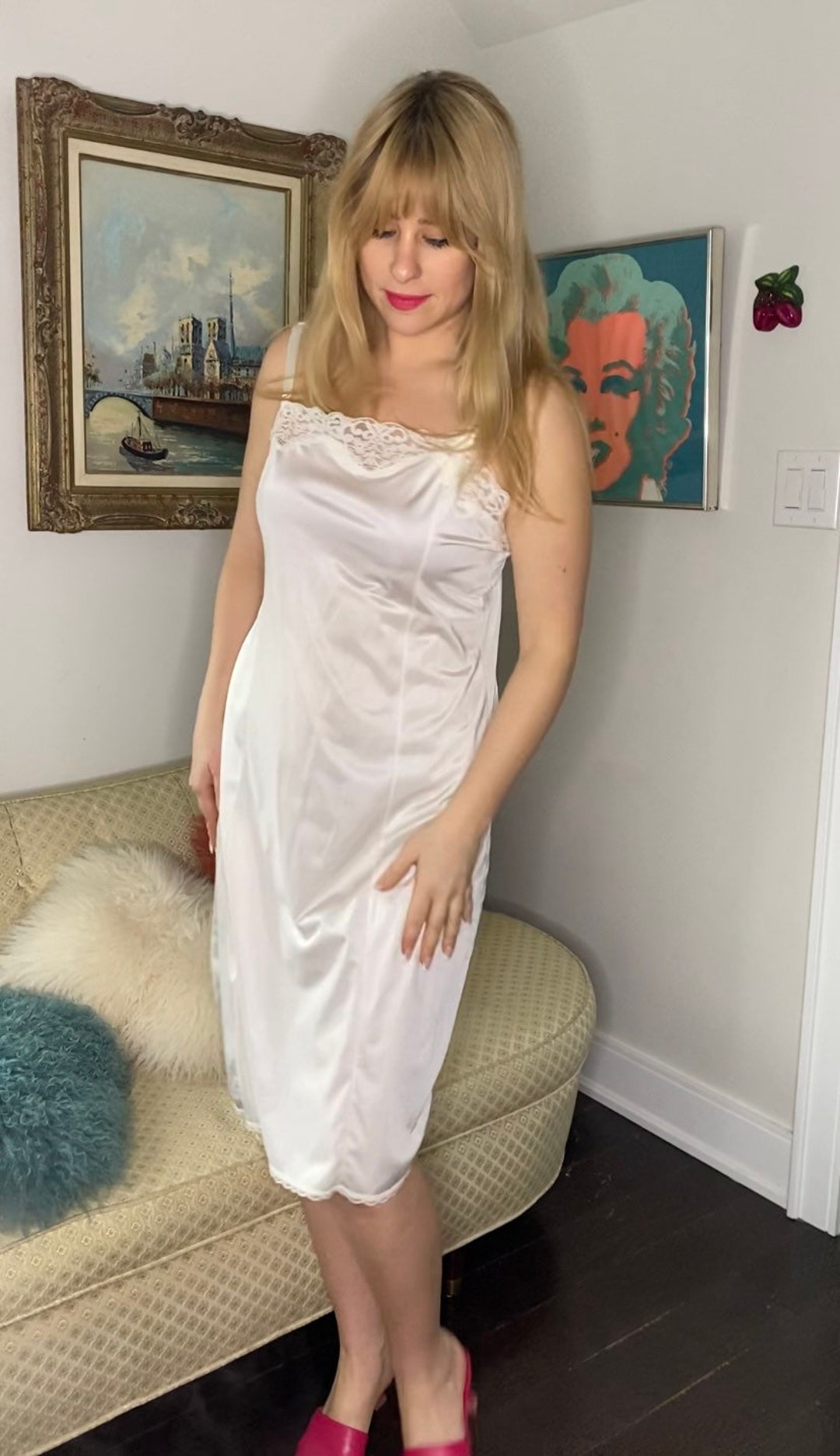 Vintage Satin Slip Dress in White With Floral Lace Trim Adjustable