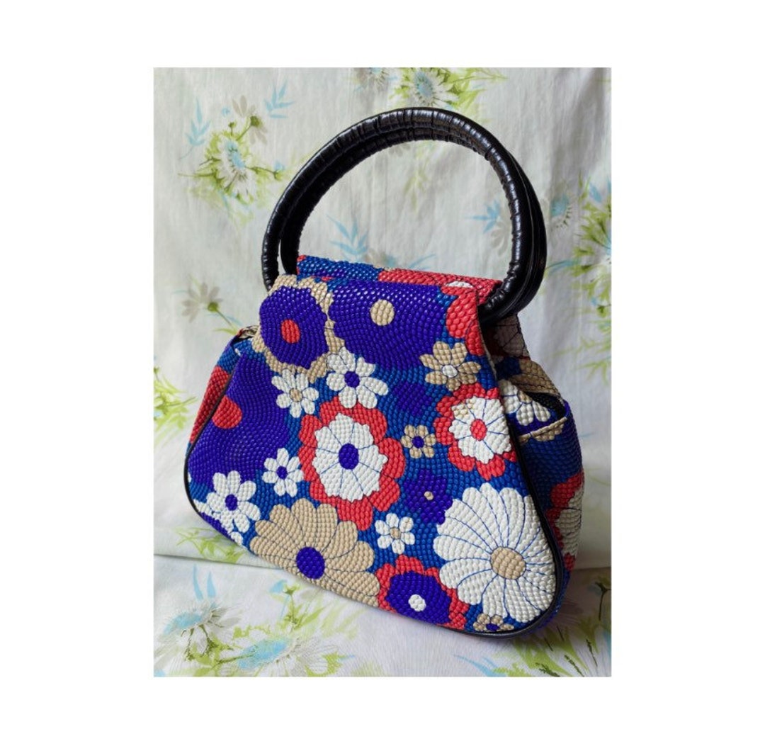 Vintage PVC Top Handle Floral Handbag Daisy Print Black Etsy