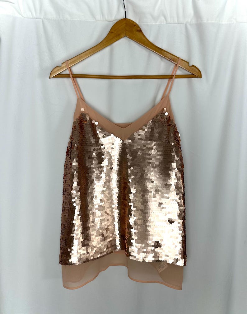 Moulinette Soeurs Paljettopp Guld Champagne Anthropologie Festlinne Storlek 6 Disco Glam Layered Paljettopp Kvällshelg bild 13