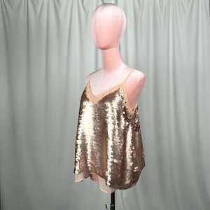 Moulinette Soeurs Paljettopp Guld Champagne Anthropologie Festlinne Storlek 6 Disco Glam Layered Paljettopp Kvällshelg bild 3