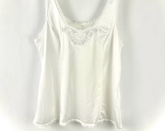 Vintage 1980’s 1990’s ‘Tradition by Sears’ Nylon Satin Camisole Slip Top in White • Floral Lace Trim • Scoop Neckline • Made in Canada • M/L