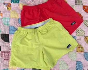 Patagonia Athletic Windbreaker Nylon Shorts in Neon Yellow and Hot Coral Red • Summer Light Running • Elastic Tied Waist • Size XS