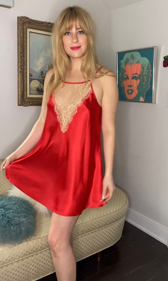 Victorias Secret Babydoll Slip Dress in Red With Gold Sparkled