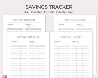 Savings tracker printable, Savings log printable, Savings sheet, Savings goal, A4, A5, US letter, Half US letter, Planner insert, Minimalist