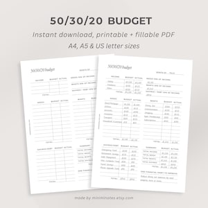 Organiza tus finanzas con el Planificador de Presupuesto 50/30/20, Planificador Mensual Minimalista, Descarga Instantánea, Tamaños A4, A5, Carta (EE. UU.), Rellenable