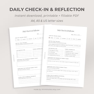 Reflexión diaria imprimible, salud mental, diario de autocuidado, atención plena, gratitud, autorreflexión, A4, A5, planificador en PDF tamaño carta de EE. UU.