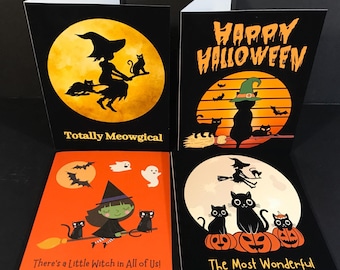 Halloween Card Set: Spooktacular Greetings, Cat Halloween Card Set,  4 Cards, Spooky Cute Cards, Black Cats, Cute Witches and Pumpkins