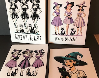 Charming Witches & Cats Greeting Cards - 4 Card Set, Cute Retro Witches and Cats, Vintage Halloween Inspired, Enchanting and Whimsical