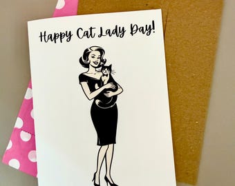 Happy Cat Lady Day – Cat Lady Card, Retro Cat Lover Card, Vintage Style Cat Greeting Card, Cat Mom Gift
