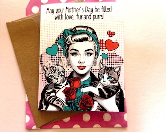 Cat Mother's Day Card for Cat Mom, Grandma, Aunt or Girlfriend, Cat Mom Card, Retro Greeting Card, Happy Mother's Day to all Cat Ladies!